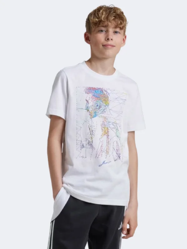 men's casual t-shirts-Adidas Messi Boys Football T-Shirt White