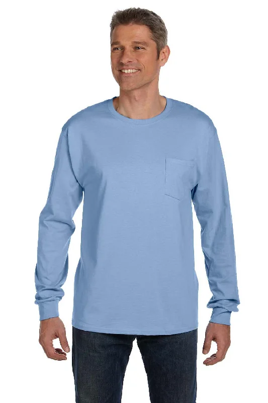 men's gingham shirts-Hanes Mens ComfortSoft Long Sleeve Crewneck T-Shirt w/ Pocket - Light Blue - Closeout