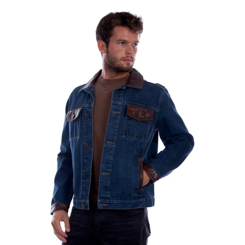 men's quilted vests-Scully Western Jacket Mens Jean Leather Trim Button Denim F0_2007