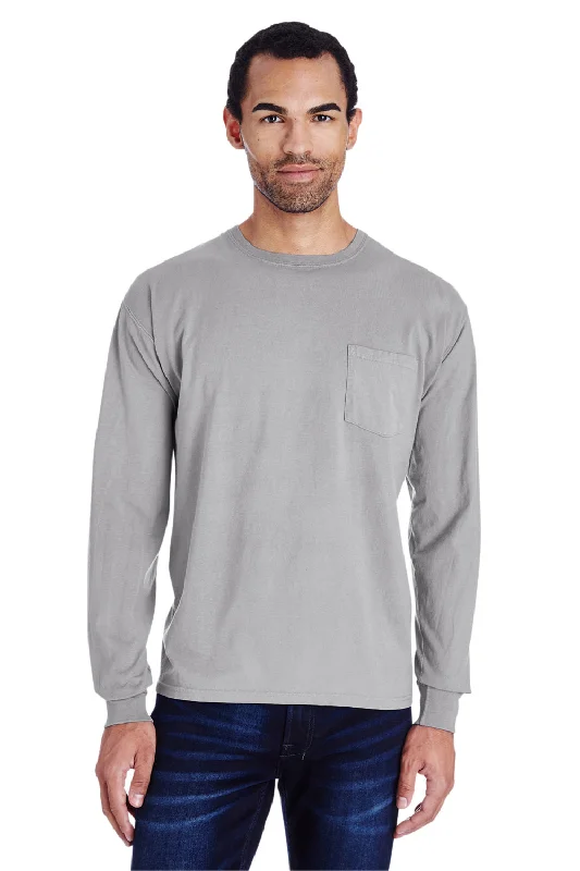 men's tailored suits-ComfortWash By Hanes Mens Long Sleeve Crewneck T-Shirt w/ Pocket - Concrete Grey