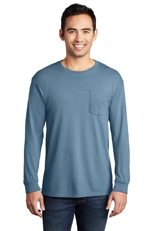 men's checkered shorts-Port & Company Mens Beach Wash Long Sleeve Crewneck T-Shirt w/ Pocket - Mist Blue - Closeout