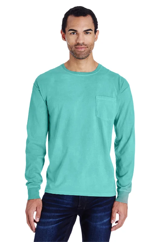 men's softshell jackets-ComfortWash By Hanes Mens Long Sleeve Crewneck T-Shirt w/ Pocket - Mint Green