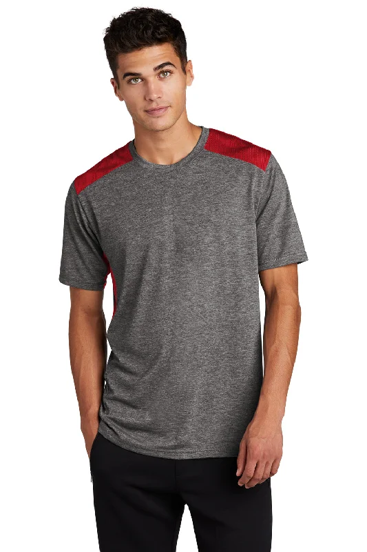 men's slim shorts-Sport-Tek Mens Draft Moisture Wicking Short Sleeve Crewneck T-Shirt - Heather Dark Grey/True Red