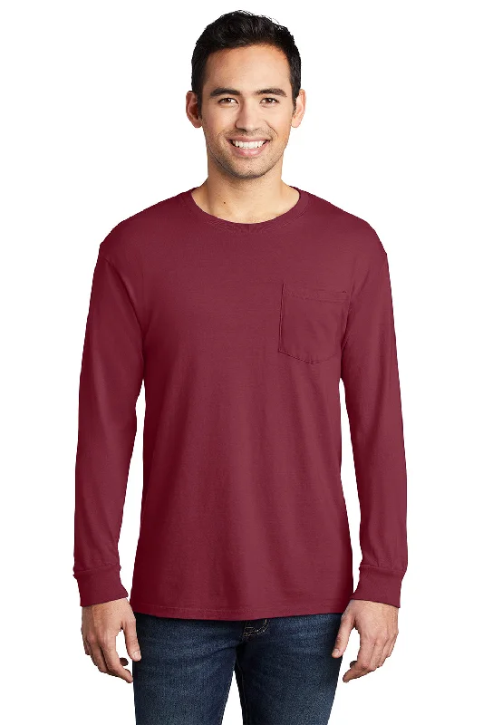 men's athletic shorts-Port & Company Mens Beach Wash Long Sleeve Crewneck T-Shirt w/ Pocket - Merlot Red - Closeout