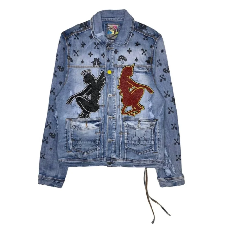 men's twill tees-Men's Mushroom Angel Vs Devil Denim Jacket In Indigo