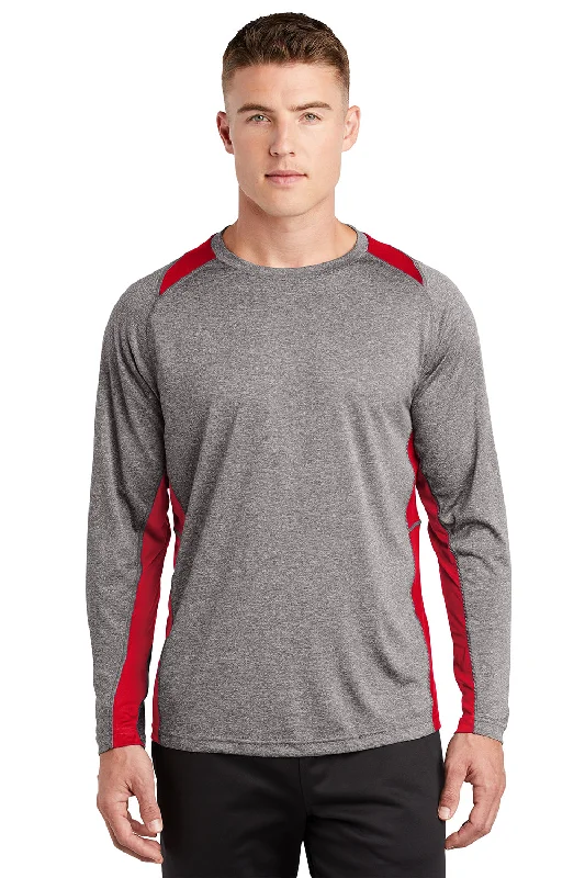 men's plaid tees-Sport-Tek Mens Contender Heather Moisture Wicking Long Sleeve Crewneck T-Shirt - Heather Vintage Grey/True Red