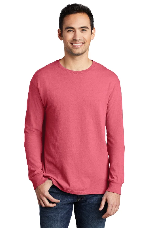 men's striped vests-Port & Company Mens Beach Wash Long Sleeve Crewneck T-Shirt - Fruit Punch Pink