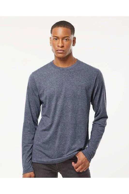 men's winter coats-Tultex Mens Poly-Rich Long Sleeve Crewneck T-Shirt - Heather Navy Blue