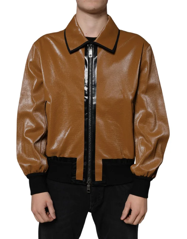 men's lightweight vests-Dolce & Gabbana  Leather Full Zip Men Bomber Men's Jacket