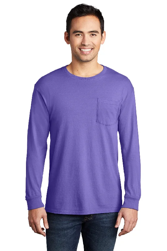 men's hiking shorts-Port & Company Mens Beach Wash Long Sleeve Crewneck T-Shirt w/ Pocket - Amethyst Purple - Closeout