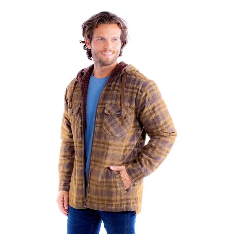 men's classic jackets-Scully Western Jacket Mens Sherpa Lined Hood Plaid Navy Brown F0_5356