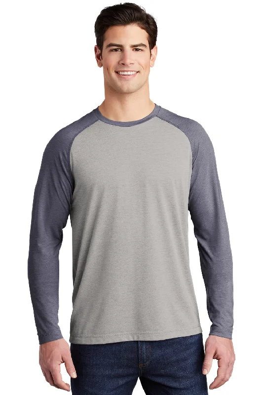 men's slip-on sneakers-Sport-Tek Mens Moisture Wicking Long Sleeve Crewneck T-Shirt - Heather Light Grey/Heather True Navy Blue - Closeout