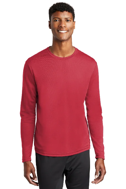 men's striped hoodies-Sport-Tek Mens RacerMesh Moisture Wicking Long Sleeve Crewneck T-Shirt - True Red