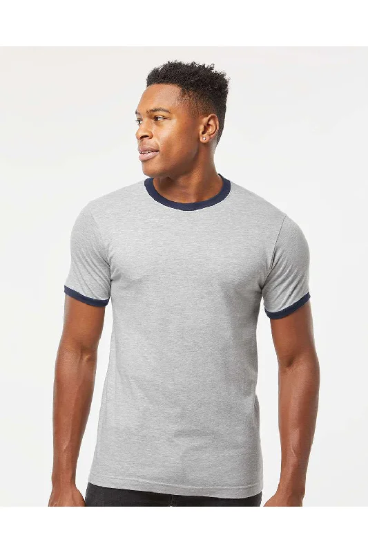 men's performance polos-Tultex Mens Fine Jersey Ringer Short Sleeve Crewneck T-Shirt - Heather Grey/Navy Blue