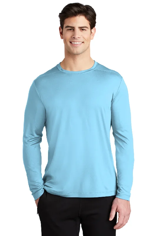 men's athletic hoodies-Sport-Tek Mens Moisture Wicking Long Sleeve Crewneck T-Shirt - Light Blue