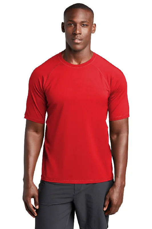 men's hiking shorts-Sport-Tek Mens Rashguard Moisture Wicking Short Sleeve Crewneck T-Shirt - True Red - Closeout