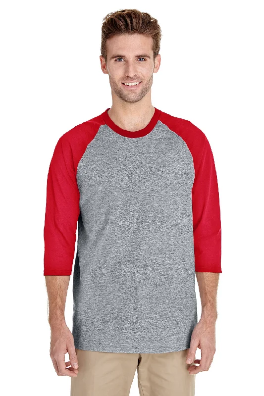 men's denim shorts-Gildan Mens 3/4 Sleeve Crewneck T-Shirt - Sport Grey/Red