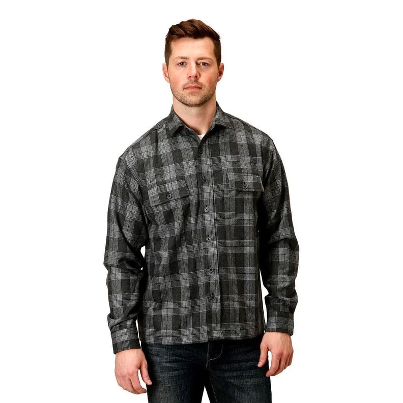 men's wool sweaters-Tin Haul Western Jacket Mens Plaid Button Gray 10-097-0119-0722 GY