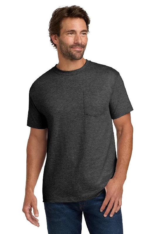 men's flannel pajamas-Hanes Mens Beefy-T Short Sleeve Crewneck T-Shirt w/ Pocket - Heather Charcoal Grey