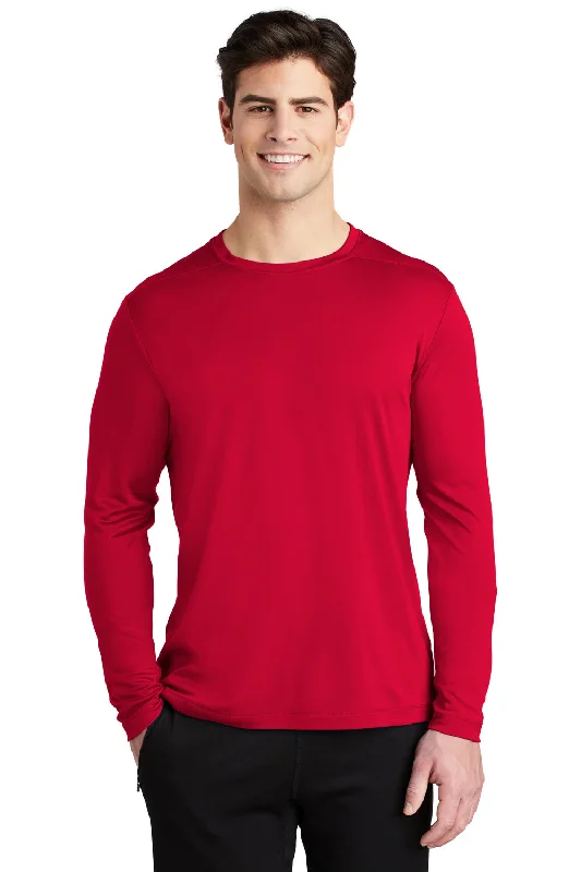 men's white polos-Sport-Tek Mens Moisture Wicking Long Sleeve Crewneck T-Shirt - True Red