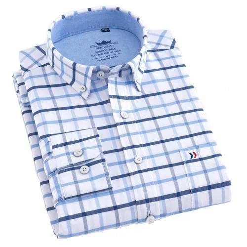 men's hiking vests-Blue Checkered Oxford Dress Shirt | Regular Fit | Sizes 38-44