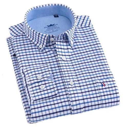 men's striped shorts-Blue Fine Checkered Oxford Dress Shirt | Regular Fit | Sizes 38-44