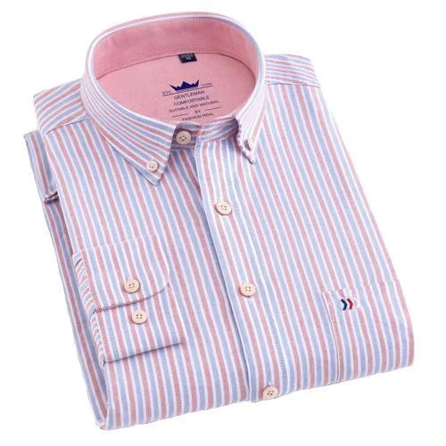 men's checkered polos-Blue/Pink Striped Oxford Dress Shirt | Regular Fit | Sizes 38-44