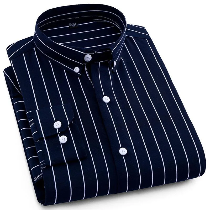 men's white polos-Dark Blue Pinstripe Dress Shirt | Modern Fit | Sizes 38-44