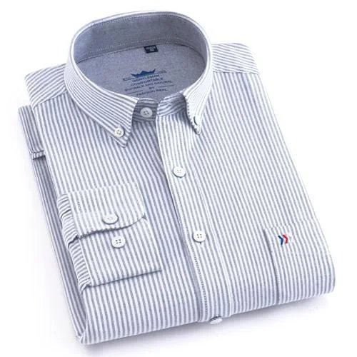 men's ribbed polos-Grey Striped Oxford Dress Shirt | Regular Fit | Sizes 38-44