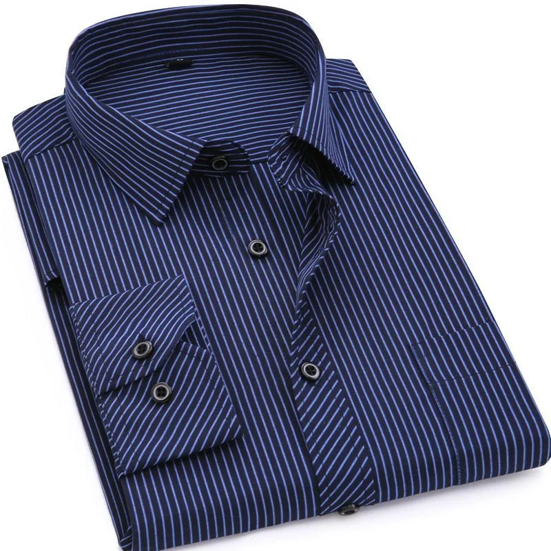 men's slim jackets-Navy Blue Fine Striped Dress Shirt | Modern Fit | Sizes 38-48