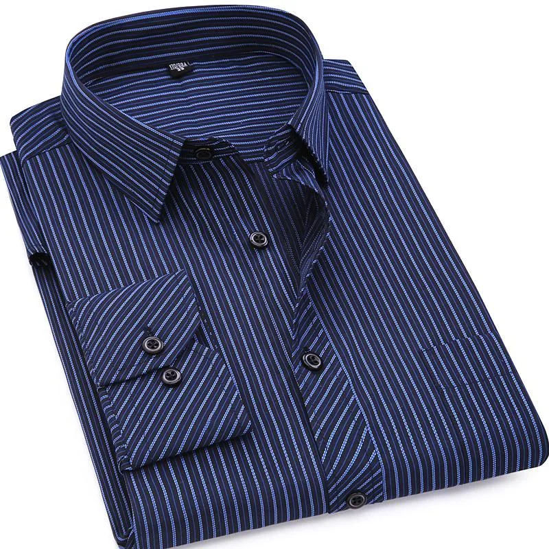 men's white jackets-Navy Blue Striped Dress Shirt | Modern Fit | Sizes 38-48