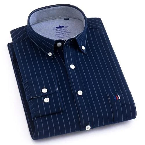 men's classic polos-Navy Blue Striped Oxford Dress Shirt | Regular Fit | Sizes 38-44