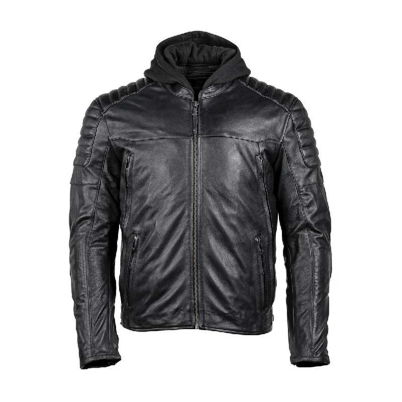 men's twill shirts-Cortech 'The Marquee' Mens Black Premium Leather Jacket with Removable Hoodie and SAS-TEC Armor