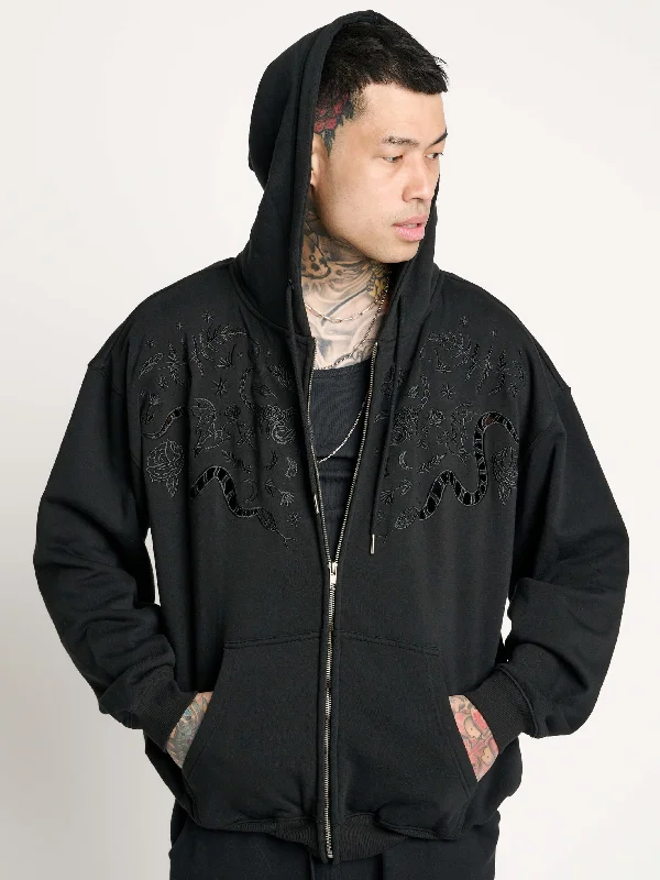 men's cotton shorts-Embroidered Relics Zip Up Hoodie