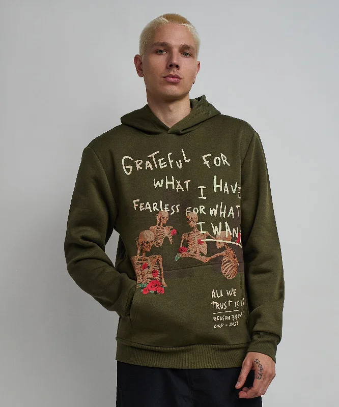 men's white hoodies-Grateful Roses Hoodie - Olive Green