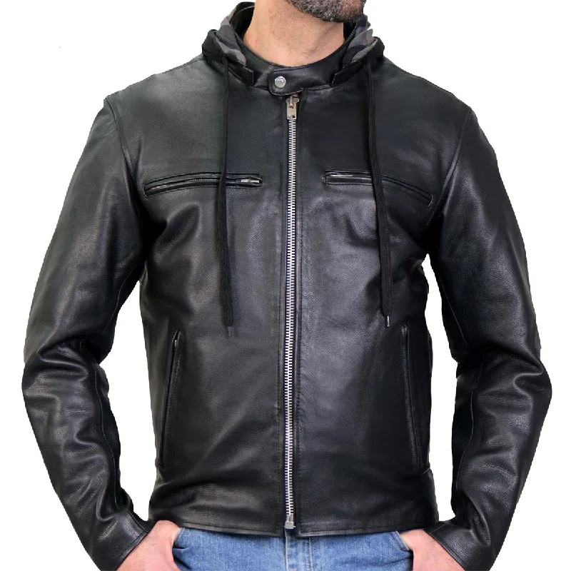 men's plaid vests-Hot Leathers JKM1030 Men’s Black ‘Carry and Conceal’ Leather Jacket with Flannel Lined Hood