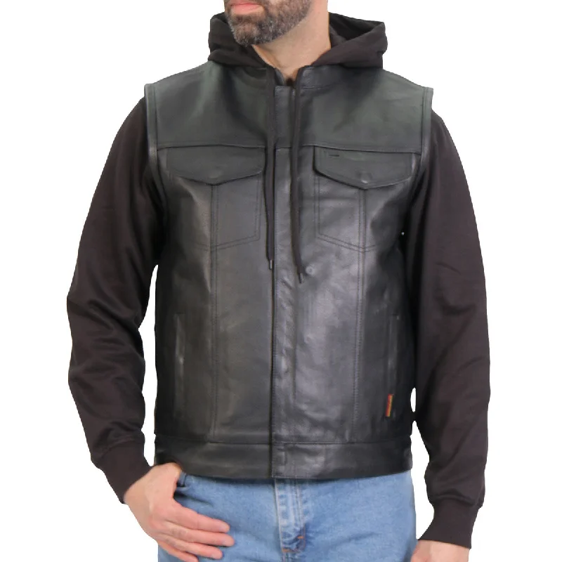 men's lightweight tees-Hot Leathers VSM1202 Men's Black '2-in-1' Conceal and Carry Leather Vest with Hoodie