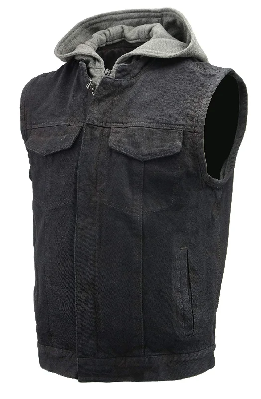 men's basketball shoes-Men’s Denim Rustic and Casual Black Jean Club Style Biker Riding Vest with Removable Hoodie BZ7200