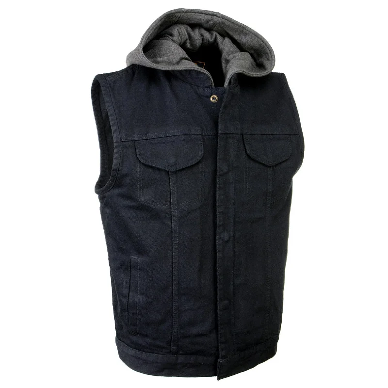 men's cotton shorts-Milwaukee Leather MDM3015 Men's 'Rustic' Black Denim Motorcycle Riding Vest with Hoodie and Quick Draw Pocket