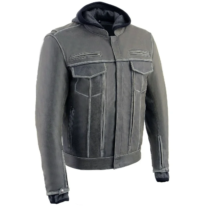 men's slim fit hoodies-Milwaukee Leather MLM1539 Men's Distressed Grey Leather ‘Utility Pocket’ Vented Jacket with Removable Hoodie