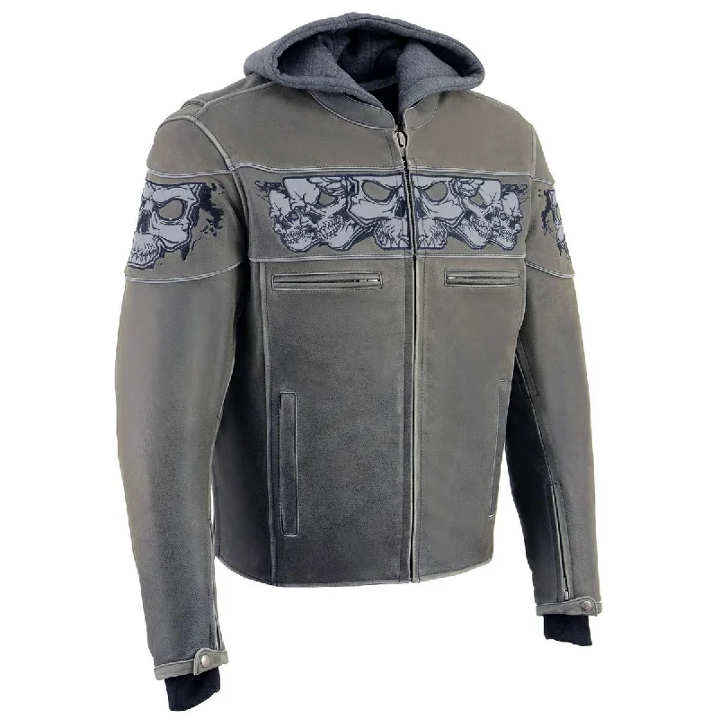 men's canvas sneakers-Milwaukee Leather MLM1562 Men's Distressed Grey Leather Jacket with Reflective Skulls