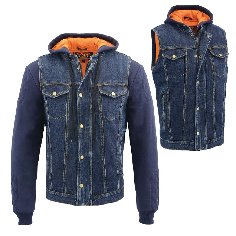 men's denim shirts-Milwaukee Leather MDM3020 Men's Blue Denim '5-in-1' Club Style Vest with Removable Hoodie