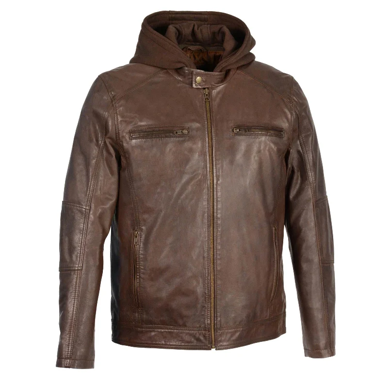 men's boxer briefs-Milwaukee Leather SFM1850 Men's Broken Brown Snap Collar Motorcycle Style Fashion Casual Leather Jacket with Removable Hoodie