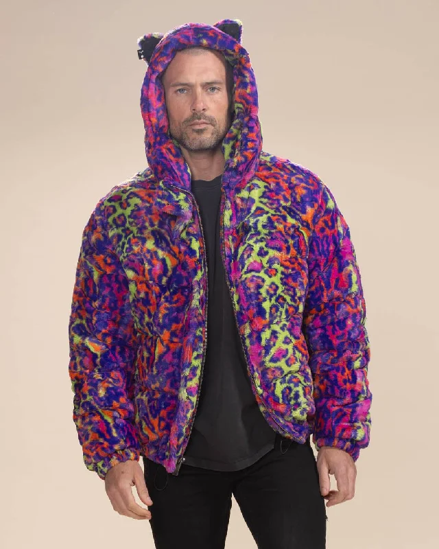 men's breathable underwear-Classic Men's Puffer Jacket With Hood | Neon Disco Cat