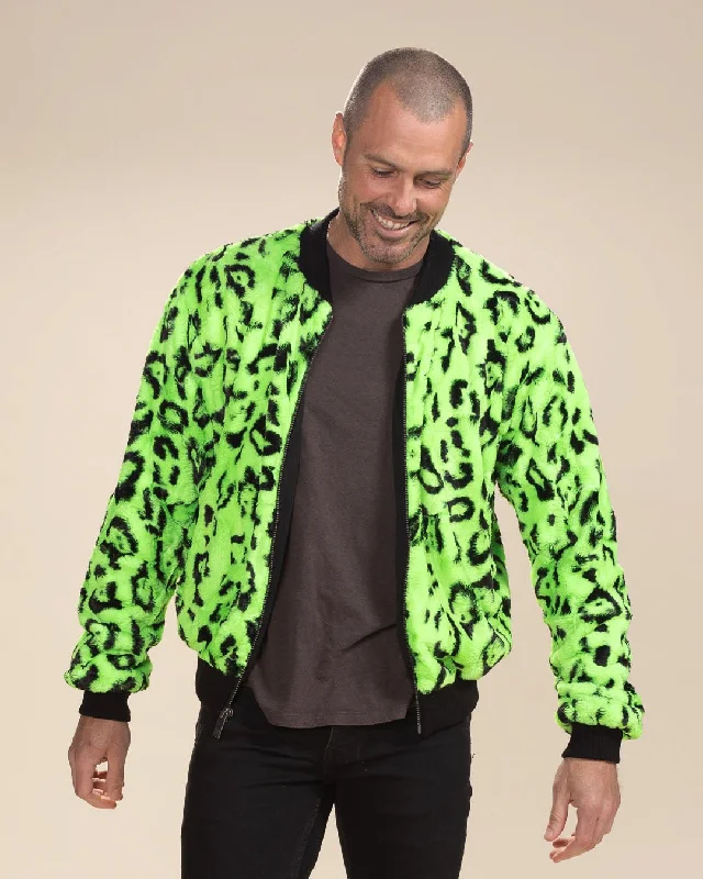 men's puffer jackets-Men's Colorful Faux Fur Jacket | Neon Green Leopard