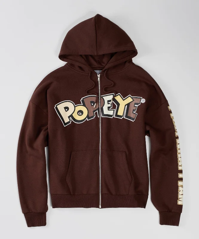 men's combat boots-Popeye Full Zip Back Print Hoodie - Brown