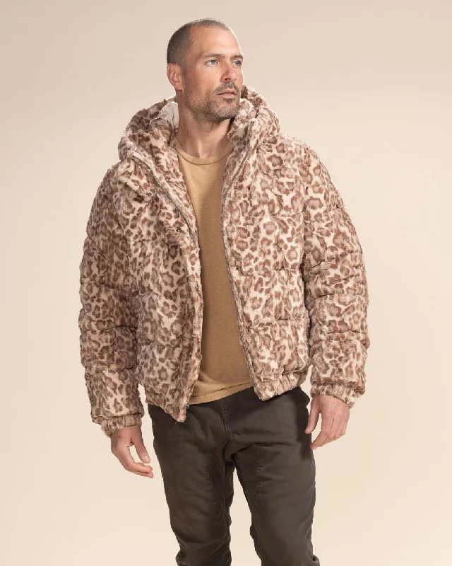 men's leather belts-Classic Men's Puffer Jacket With Hood | Tan Leopard