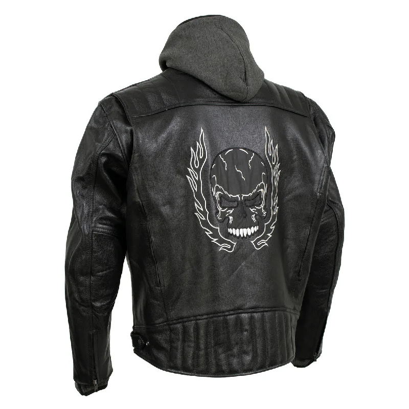 men's casual boots-Xelement BXU573 Men's Black 'Alibi' Armored Leather Motorcycle Jacket with Skull Embroidery and Hoodie