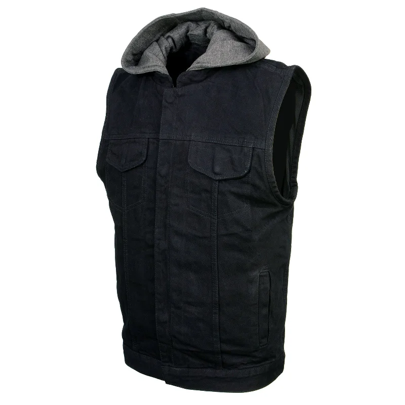 men's white vests-Xelement XS13050 Men's 'Rustic' Black Denim Motorcycle Riding Vest with Hoodie and Quick Draw Pocket