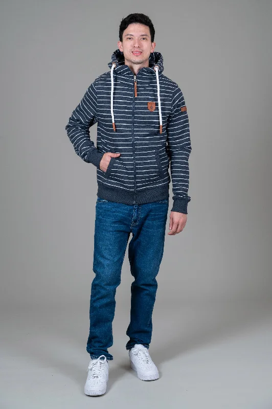 men's mock neck sweaters-Zeus Navy Stripe Full-Zip Hoodie